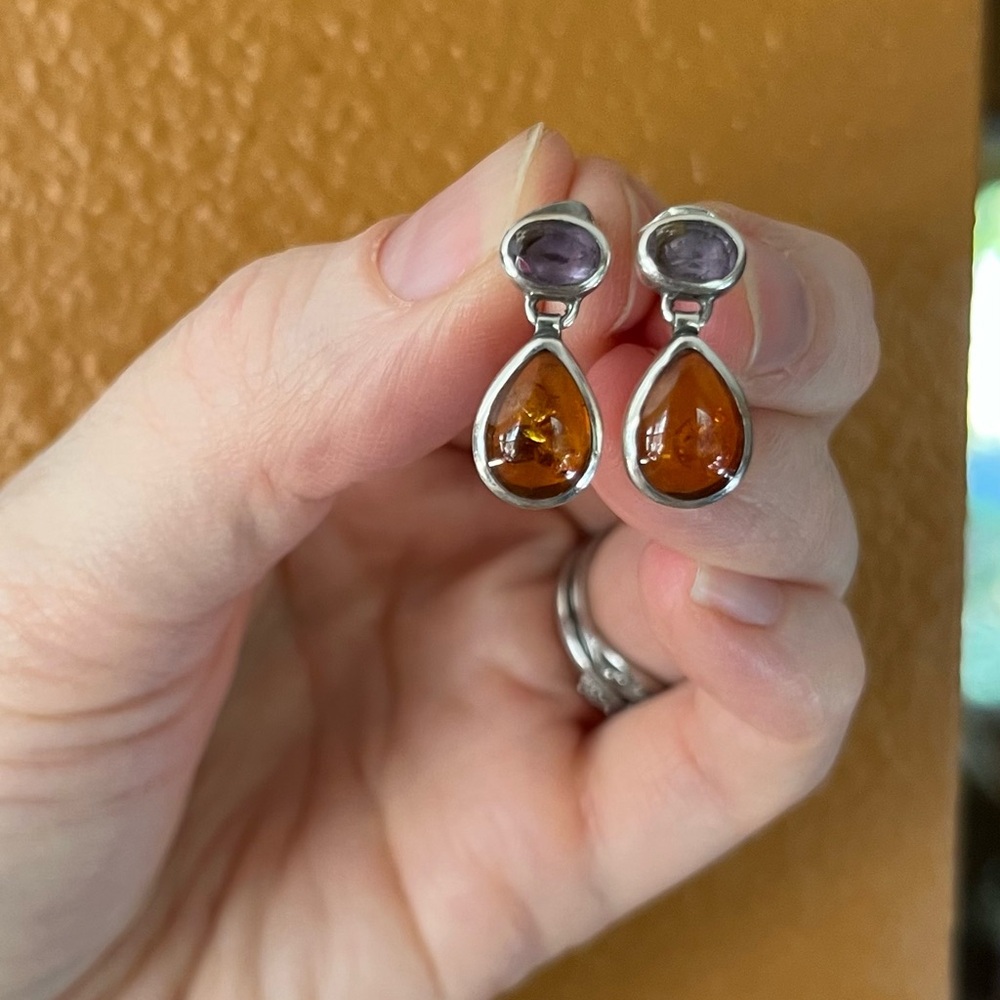 Chic Silver and Amber/Purple Teardrop Earrings
